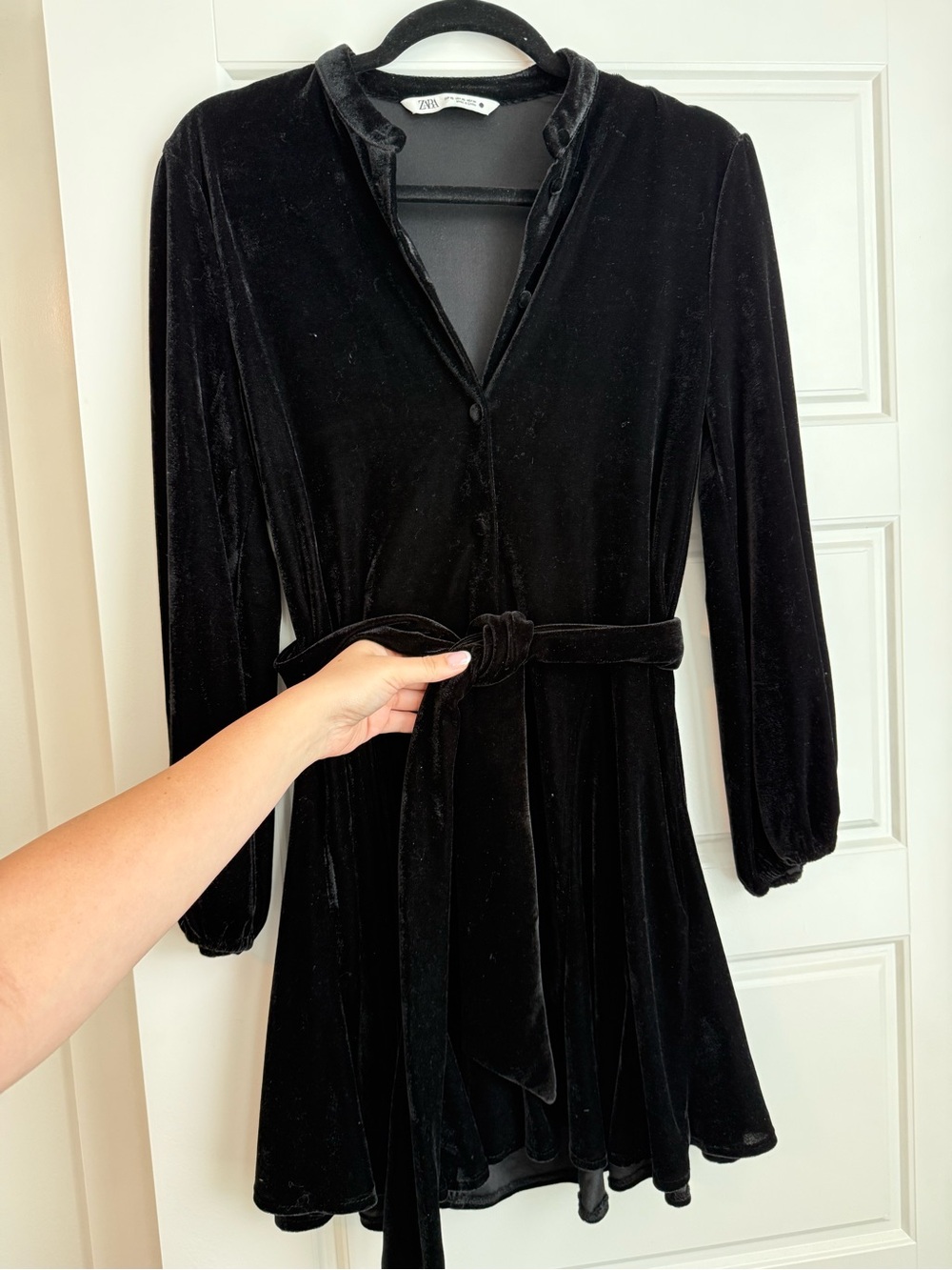 Zara Black Velvet Long-Sleeve Tie-Waist Dress